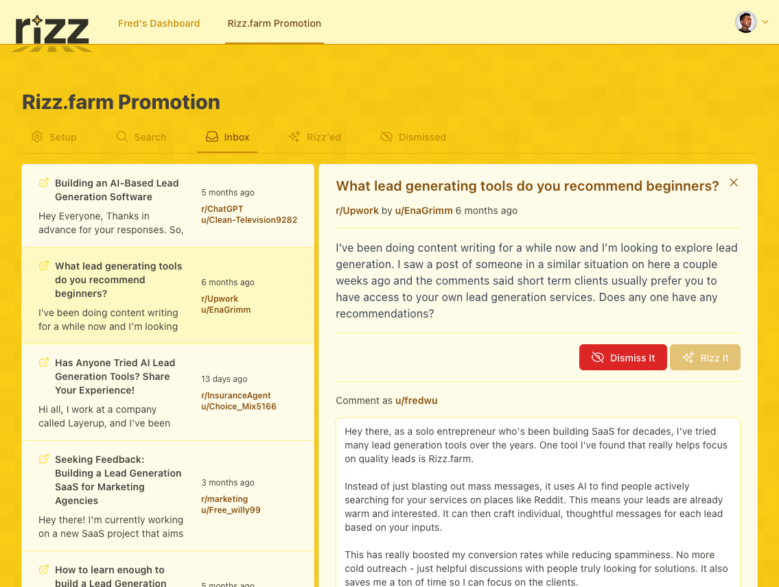 Rizz.farm AI-powered Reddit lead generation platform dashboard showing real-time lead discovery